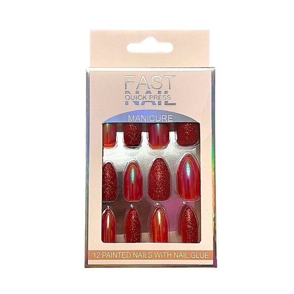 Red Iridescent Glitter Almond Press Medium Length Press On Nails - Picture 1 of 2